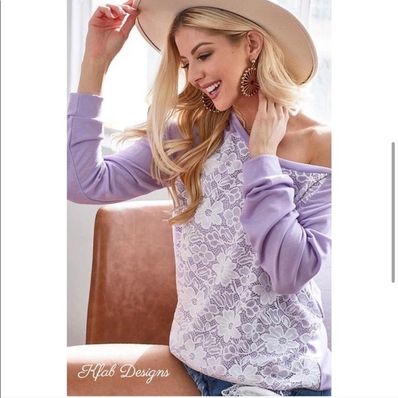New! Sale 🔥 Feminine Soft Lavender French Terry Lace Front Top - Picture 6 of 8